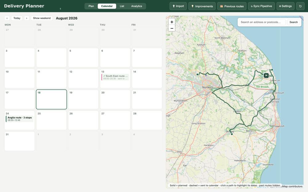 Calendar view of the delivery planner: every planned and sent run on one board with the routes drawn on a live map beside it