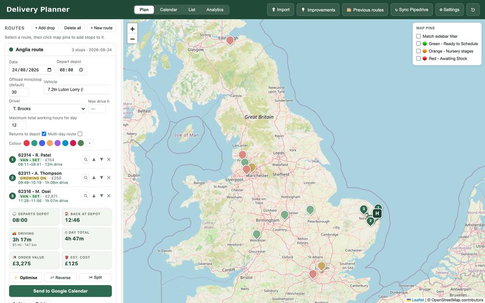 Delivery route planning software Plan view: live CRM orders shown as colour-coded map pins by stock status, with a route being built alongside its full schedule