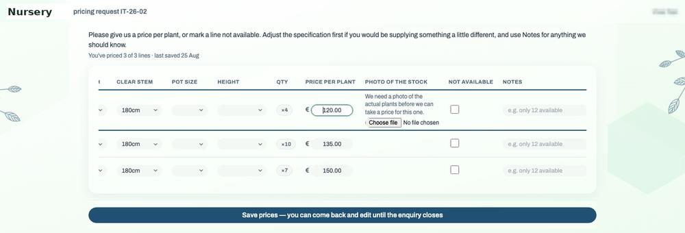 Supplier pricing portal: a password-free page showing only that grower's own plant lines, with a price field, an unavailable option, a specification adjustment and a note per row