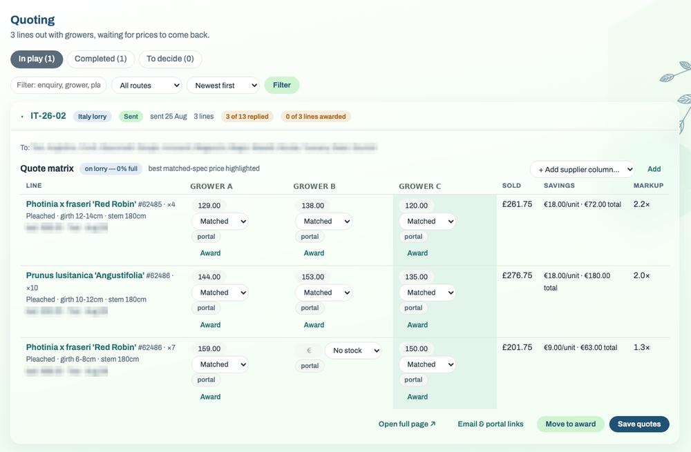 Supplier quote comparison matrix: plants down the side, growers across the top, one cell per grower per plant showing price, specification match and photograph, with sold price and markup on the right