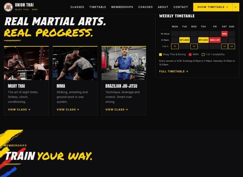 Union Thai home page section: three discipline cards for Muay Thai, MMA and Brazilian jiu-jitsu with photographs, beside the weekly timetable grid