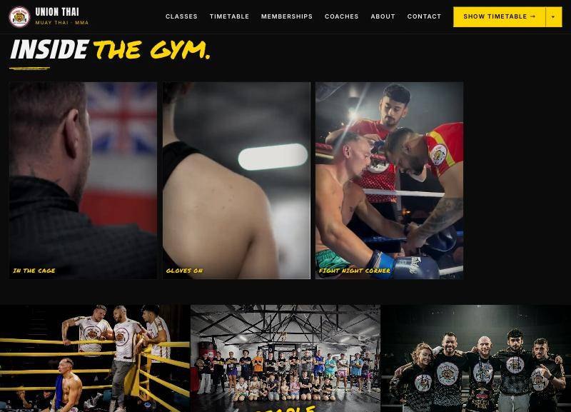 Union Thai gallery section: three self-hosted video loops captioned In the cage, Gloves on and Fight night corner, above a strip of team and class photographs