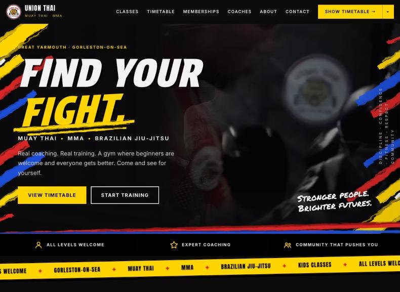 Union Thai home page on a desktop screen: the headline Find Your Fight in a heavy display face over a paused frame of the hero video, yellow and red brush strokes on black, two buttons and the class ticker beneath